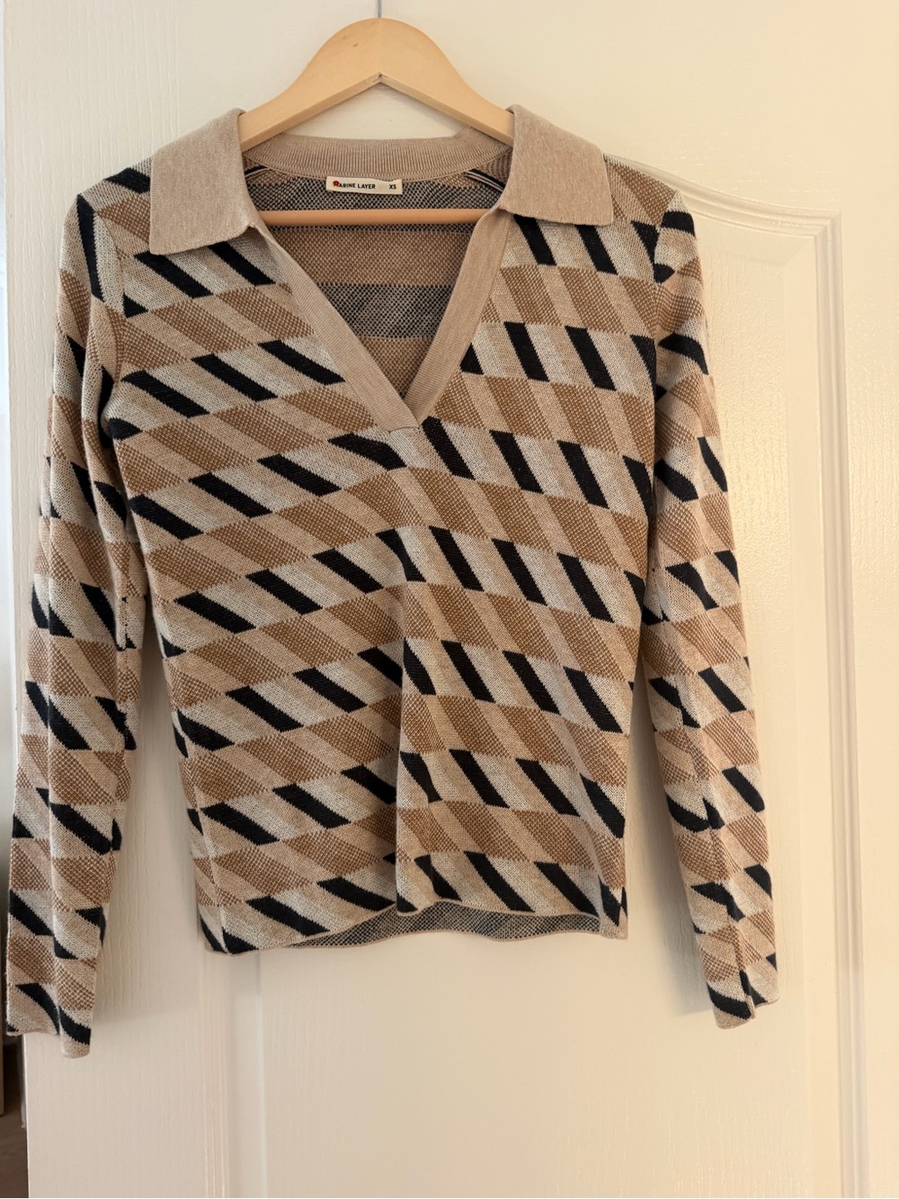 Marine Layer Geometric Jacquard Polo Sweater Tan Black Cream XS